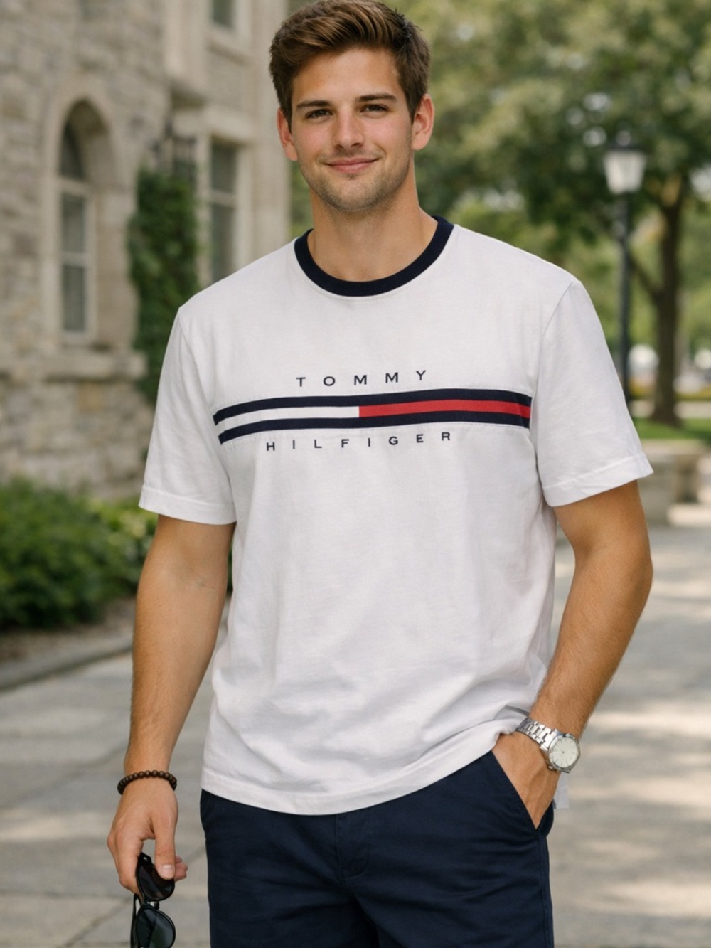 Tommy Hilfiger White Short-Sleeve Tee with Navy and Red Stripe